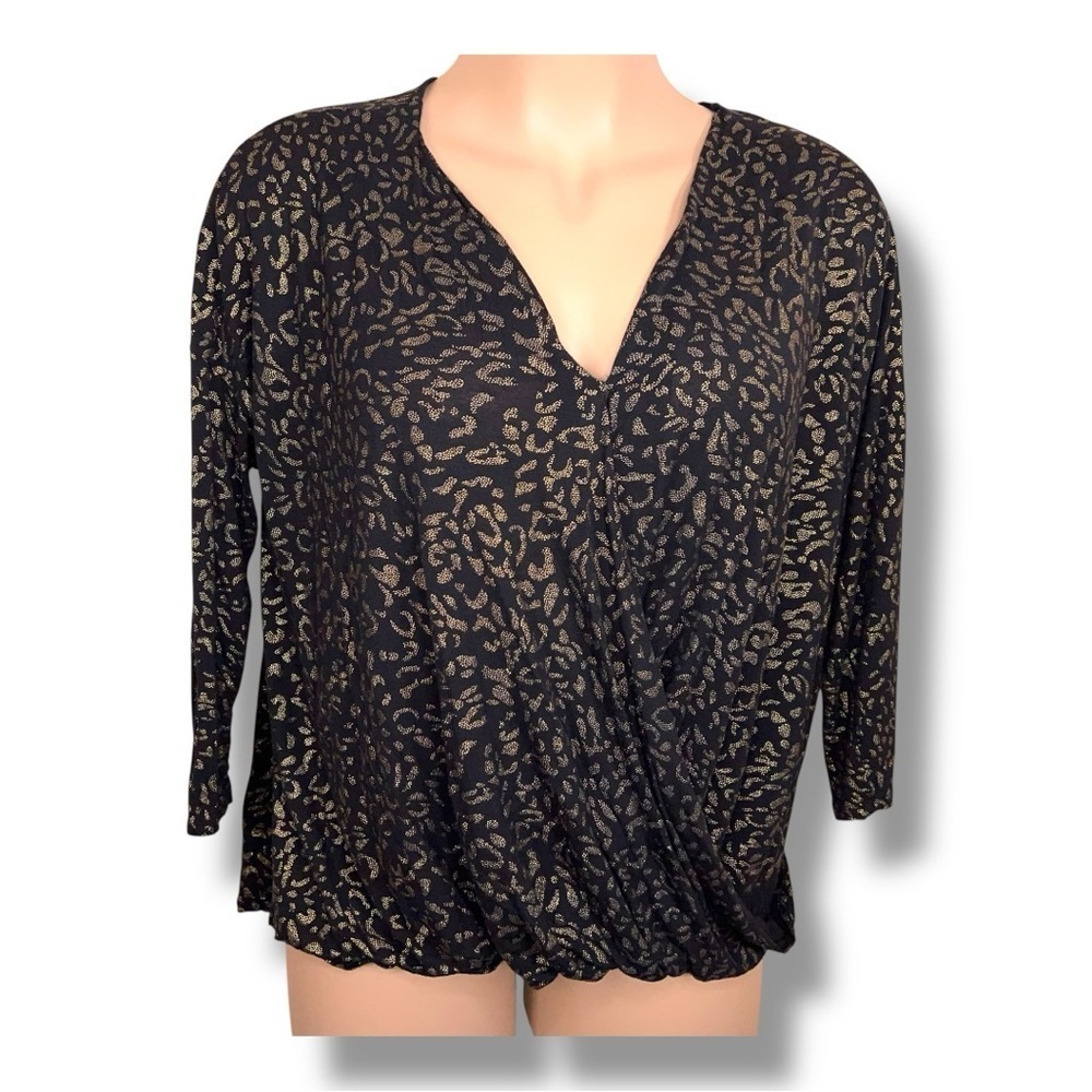 2X J Lo Black Gold Leopard Animal Wrap Look Top Stretch Shimmer Draped Plus